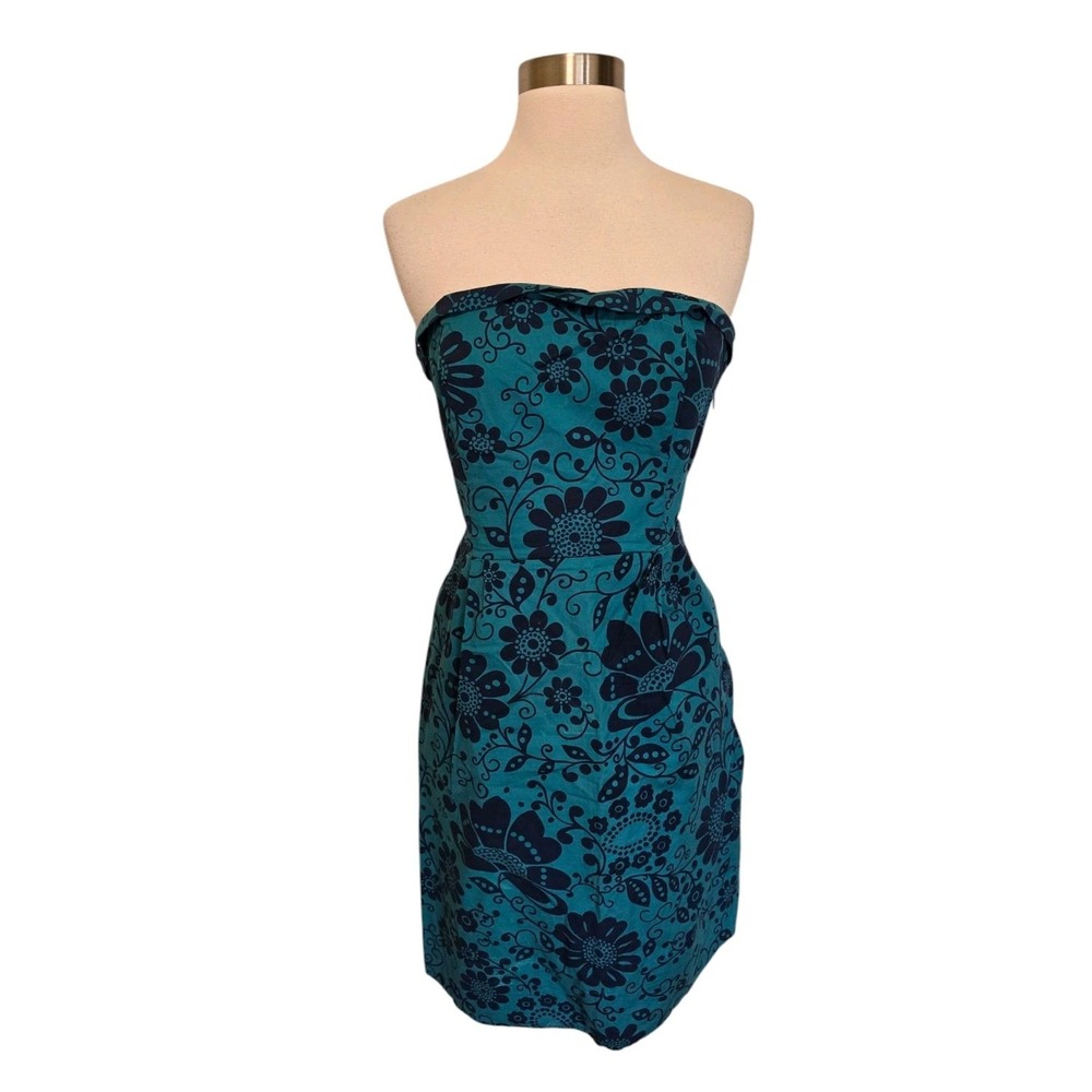 Anthropologie Teal and Black Strapless Floral Dress